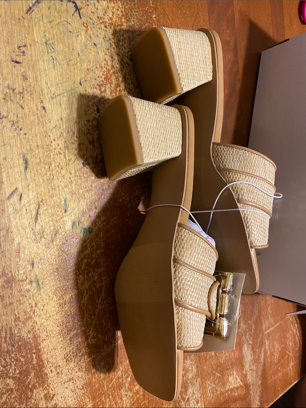 New day Tan Jeweled Buckle Block Heel Mules - Picture 2 of 4